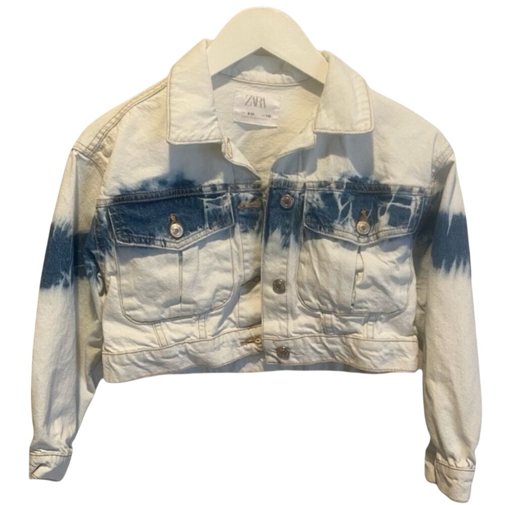 Zara Kids Denim Jacket Blue Tie Dye Cropped Distressed Size 9-10‎